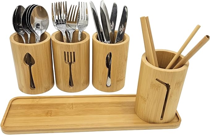 Bamboo Cutlery Holder Set - 4 kitchen Utensils Holder with Bamboo Tray | Decorative kitchen countertop Cutlery Stand | Utensil holder - knife, fork Spoon and Straw holders
