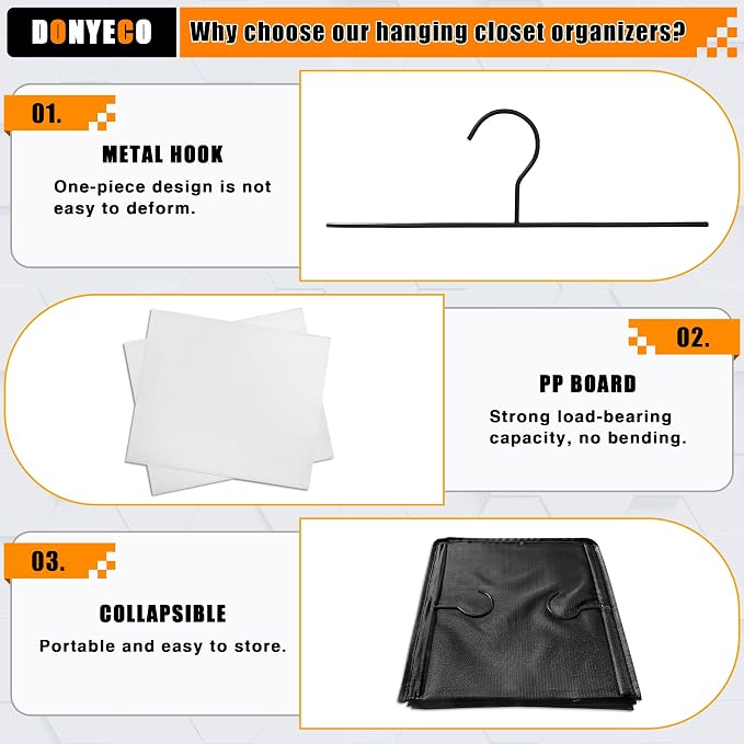 Hanging Closet Organizer 4-Shelf, Oxford Fabric Wardrobe Storage, Black | Easy-mount foldable design holds clothes, handbags, shoes & accessories; washable Oxford fabric, sturdy and space-saving.