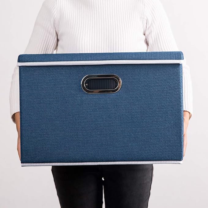 PRANDOM Large Collapsible Storage Bin with Lid [1-Pack] Fabric Foldable Storage Box Organizer Container Basket Cube with Cover for Home Bedroom Closet Office Nursery Royal Blue(17.7x11.8x11.8)