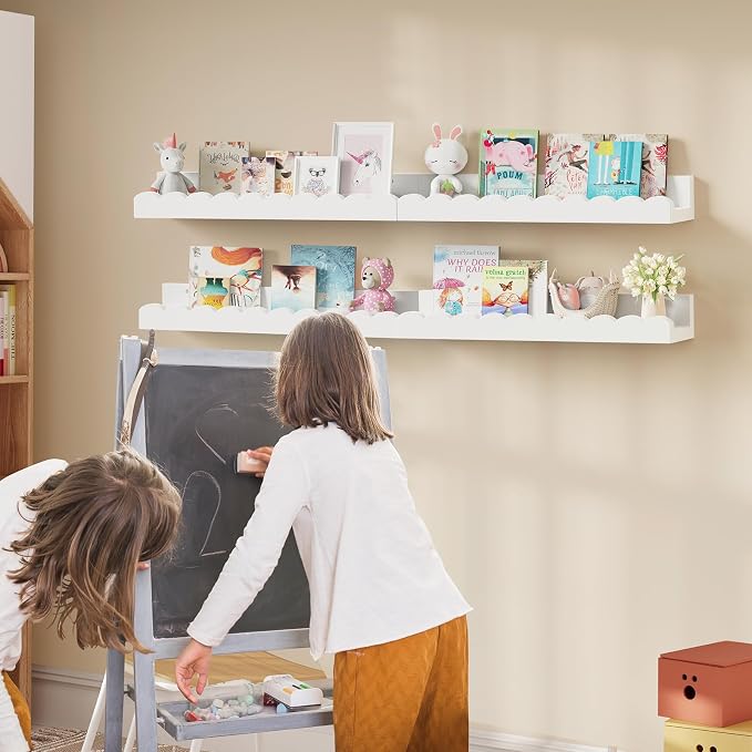 4-Pack Scalloped Shelves, Nursery Shelves for Wall, Floating Nursery Book Shelves for Kids, White