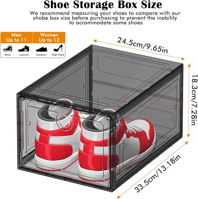ARSTPEOE 6 Pack Upgrade Harder Shoe Organizer, Shoe Storage with Magnetic Front Door, Clear Shoe Boxes Foldable Space-Saving Shoe Rack for Sneaker Boot Container, Black