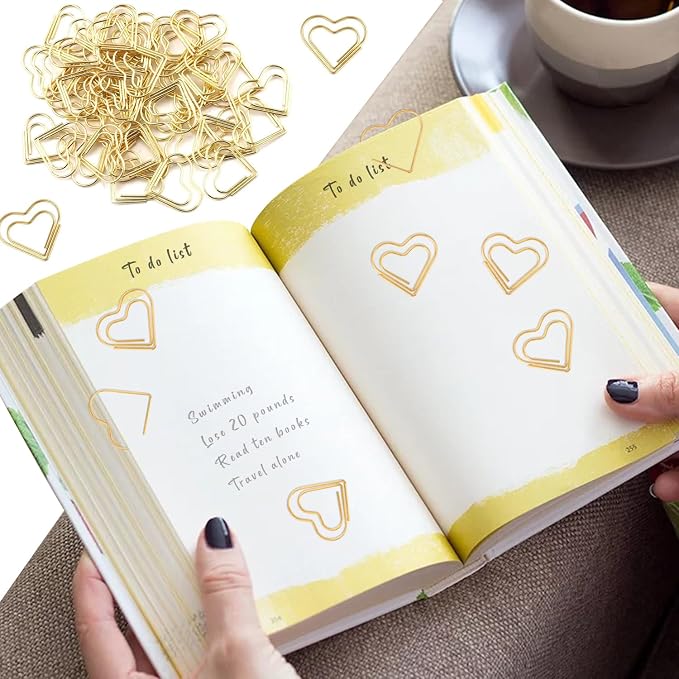 Adullpony Cute Metal Heart Paper Clips: Love Shape Gold Binder Paperclips Mini Bookmark 100Pcs Document Note Sorting Organizer for Wedding Decorative Office Supplies