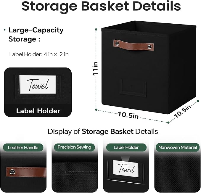 FinishingBo 6-Pack Storage Cubes with Handles & Label Holders Basket, Closet Cube Home Organizer Bins(Black, 10.5*10.5*11 inch)