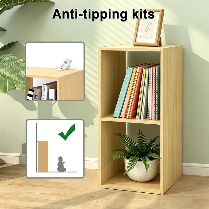 2 Cube Shelf Bookcase, Oak, 11in | Anti-Tipping Kits, Reversible Open Back, Multi Layer Multi Grid Partition Layout