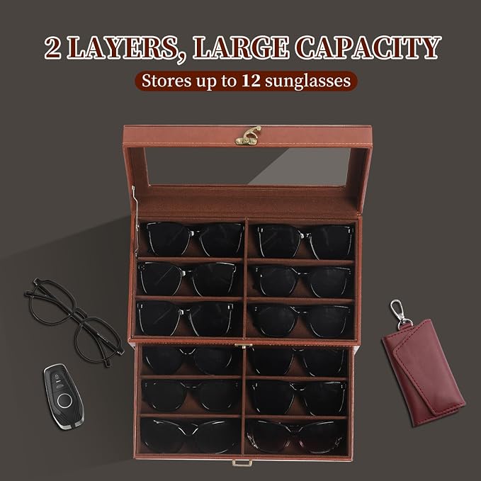 AUTOARK Leather & Velvet 12 Piece Eyeglasses Display Case,Coffee,AW-164 | Clear Lid,Storage and Sunglass Organizer,Drawer Lockable
