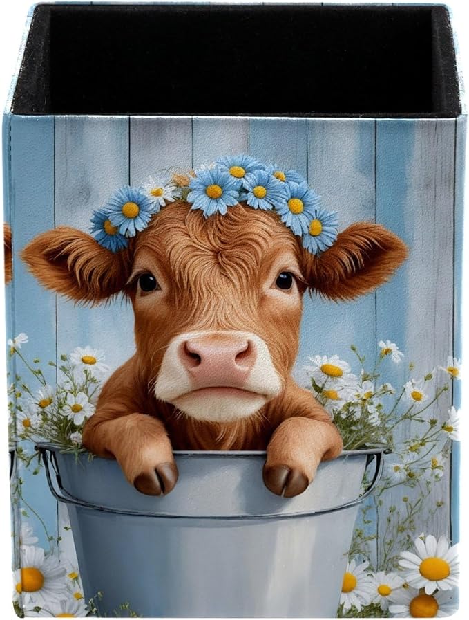 Pen Holder for Desk, Highland Cow Daisies Farmhouse Pencil Holder, Pen Cup Functional Desk Organizer for Office Supplies