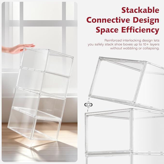 1 Pack Clear Shoe Storage Boxes Stackable, Large Sneaker Organizer with Acrylic Magnetic Door, Plastic Drop Front Shoe Containers for Men up to Size 12.5, Transparent Shoe Organizer for Closet