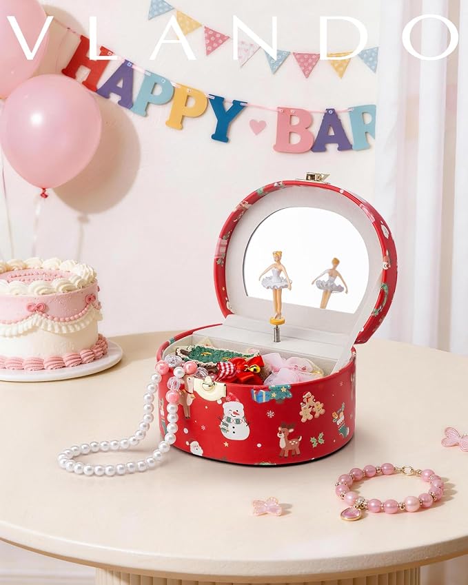 VLANDO 2Pcs Gifts for Girl, Musical Jewelry Box for Girls, Small Kid Music Box with Ballerina for Party Bedroom Decor, Gifts for Girls Kids - Christmas Red