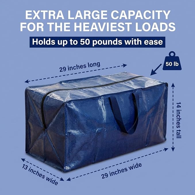 BOX USA 8-Pack Moving Bags with Strong Handles & Zippers - Heavy Duty Extra Large Packing Bags for Storage, Moving Boxes, Dorm & College Supplies, Blue