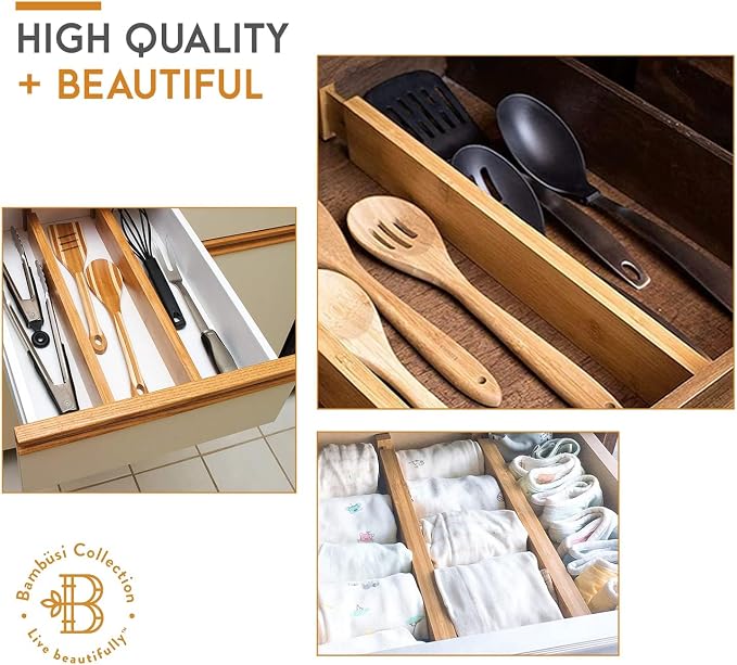 Kitchen Drawer Organizer - 4 Pack Bamboo Drawer Dividers 2.6 in High, Adjustable 16 to 22 in Expandable Spring Loaded Dividers with Non Slip Foam for Utensils, Clothes, Bathroom, Office, Dresser