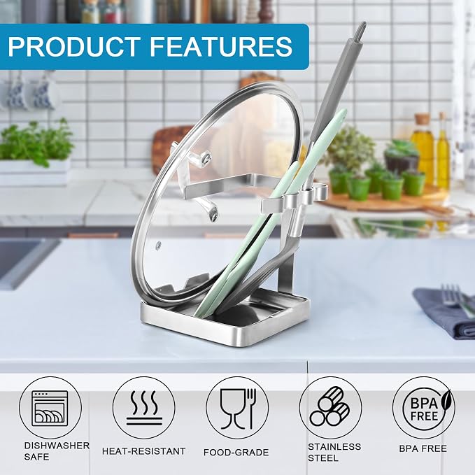 SOLEADER Pot Lid Holder While Cooking, 2 in 1 Stainless Steel Upright Spoon Rest with Drip Tray, Space Saving Kitchen Utensil Organizer for Stove Top Countertop, Lid Rack for Pots and Pans