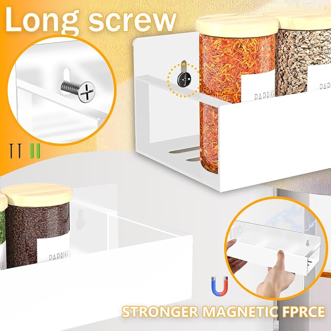 SMRCAD Magnetic Spice Rack Organizer for Fridge Seasoning Organizer for Kitchen storage with Screw Magnetic Shelf with Hook for Refrigerator and Oven (4pack1hook-White)