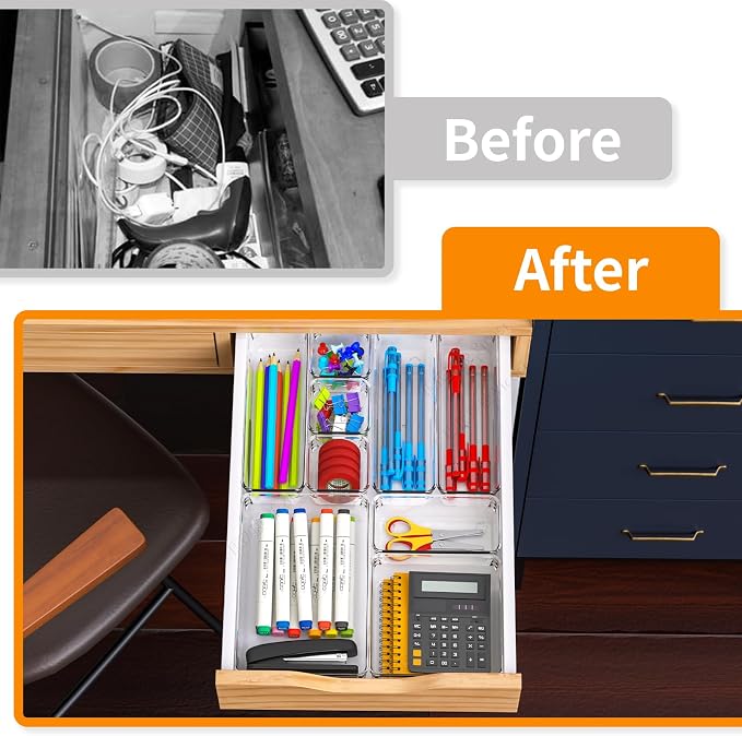 Yieach 25 Pc Clear Plastic Drawer Organizer Set,4 Sizes In Drawer Organizer Trays for Bathroom,Office,Kitchen Cabinet and Vanity Organizers,Desk Drawers Organizer Bin for Jewelry,Cosmetic,Utensil,Junk
