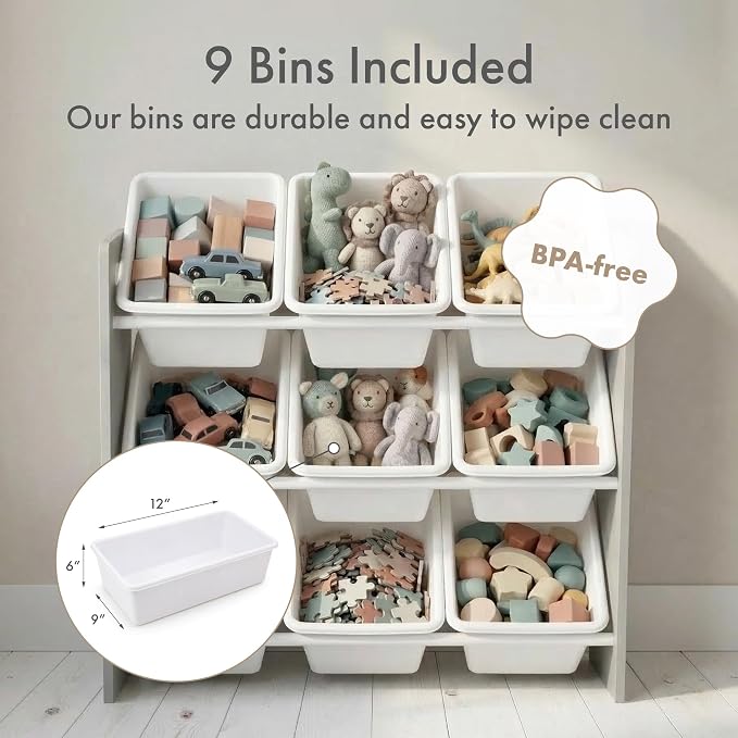 Humble Crew Toy Storage Organizer with 9 Removable Storage Bins for Kids Playroom, 3-Tier Toddler Toy Organization and Storage, Grey/White
