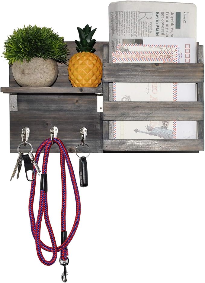 Wall-Mounted Key Holder Hooks - Rustic Wood Weathered Grey & Black - Entryway Organizer for Mail, Leashes, and Purses - Floating Shelf, 16.5” W x 9.75" H x 4.5” D