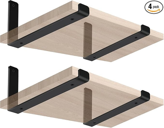 4 Pack - 7.25" L x 4" H x 1.5" W J Lip Shelf Brackets Rustic Farmhouse Iron Wall Floating Shelf Bracket Metal Shelf Bracket Industrial Shelf Supports with Screws Black