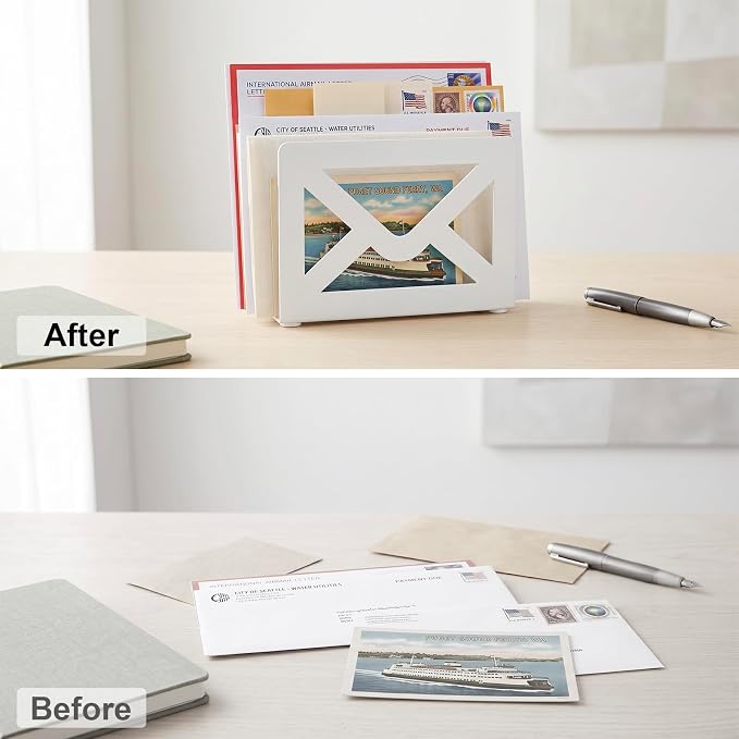 MyGift White Metal Desktop Mail Holder with Cutout Envelope Design Home and Office Desk Letter Organizer