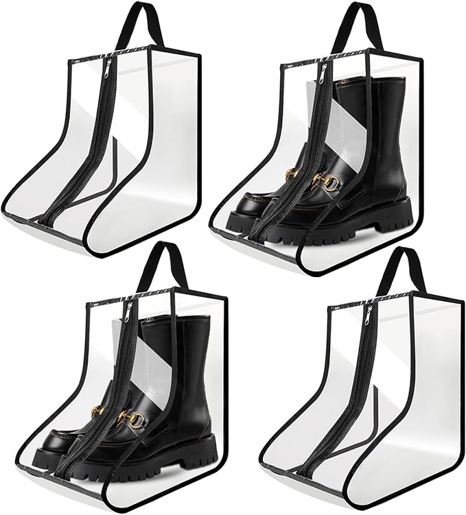 4Pack Boot Bags for Cowboy Boots Portable Tall Boot Storage Organizer Shoe Bags for Travel with Dust Covers (Clear Black))