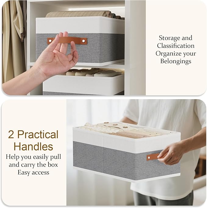 Storage Bins Organizers,13×9.1×5.5In,White/Grey Boxes,6Pack | Clothing Storage Baskets,Fabric Closet Organizer,Foldable Containers with PP Plastic Board,Large Cubes for Clothes,Hat,Books