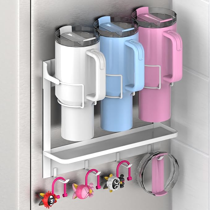 EASTTOWEST Magnetic Cup Storage Organizer Holder for Stanley 30/40 oz Tumbler,Strong Magnetic Rack for Fridge (White, 3CUPS)