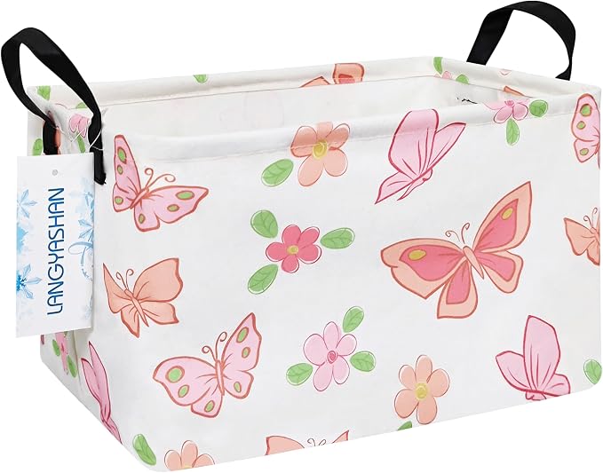 Rectangular Collapsible Pink Butterfly Storage Basket Nursery Organizer | Storage Bin Foldable Canvas with Handles for Organizing Home Kitchen Children Toys Office Closet Shelf Baskets