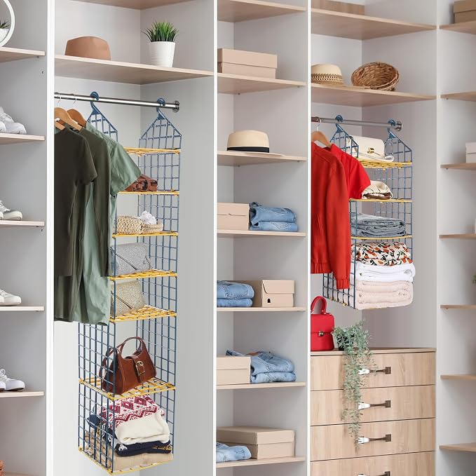 Leinuosen 7 Tier Closets Organizers and Storage Closet Hanging Organizer Shelves with 4 Hanging Hooks for Clothing Sweaters Shoes Pants Coat Hats Handbags Clutches Accessories