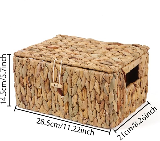 Moosky Wicker Shelf Baskets with Lid, Rectangular Storage Basket Bins with Built-in Handles Handwoven Home Organizer Decor Boxes (Natural, Small)