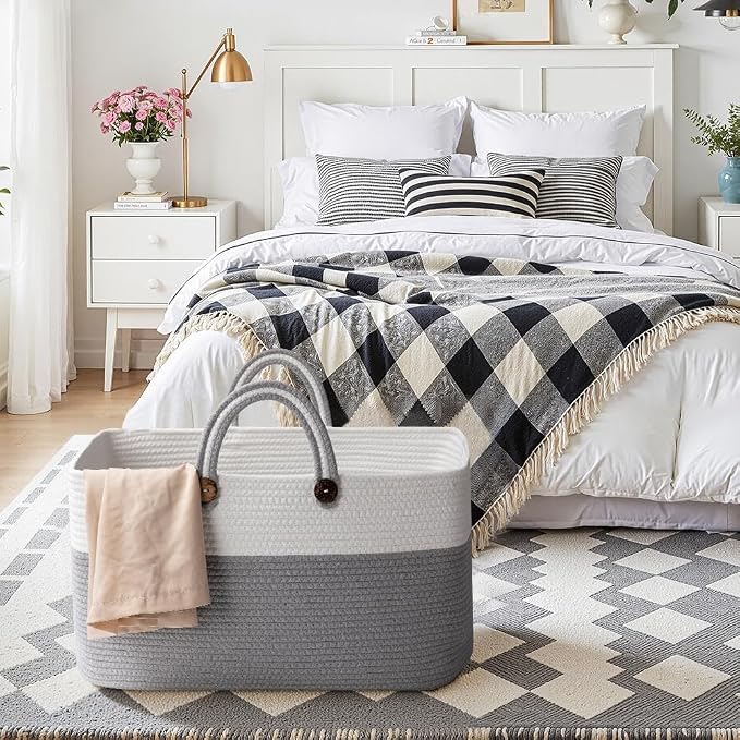 OIAHOMY 75L Large Blanket Basket, 22”x17”x12” Rectangle Woven Baskets For Storage, Nursery Blanket Storage Living Room, Toy Box With Long Handle-Gradient Grey With White