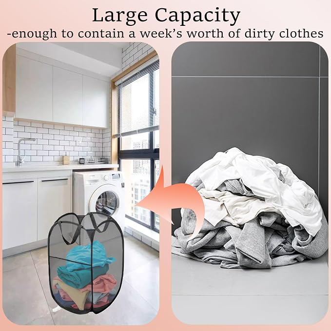Pack of 2 Pop Up Laundry Hamper Collapsible Laundry Baskets Black Mesh Laundry Baskets with Portable Handle, Side Pocket for Bedroom, Nursery Room, Travel, Cruise