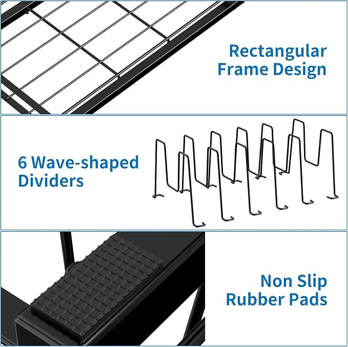 Food Container Lid Organizer, Adjustable 6 Dividers Full-Metal Pot and Pan Organizer Rack for Kitchen Cabinets, Drawers, Cupboards, Pantry Shelves Storage, Black