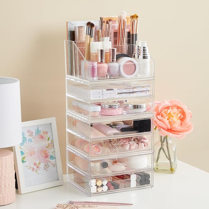 STORi Stackable Desk Organizer, Clear Pen Pencil Makeup Brush Holder for Desktops and Vanities, 6 Compartment Caddy (Made in USA)
