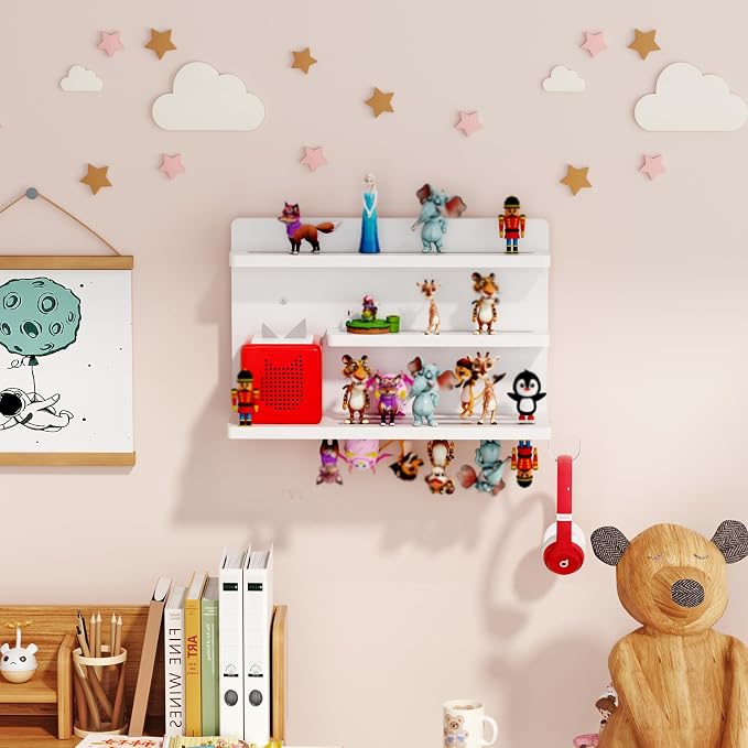 for Tonies Shelf Magnetic - 3 Tier Wooden Tonies Figure Organizer, White | Tonies Box Holder, Magnetic Display Shelf for Kids Room, Wall Floating Shelves Toy Storage Compatible Charging Station