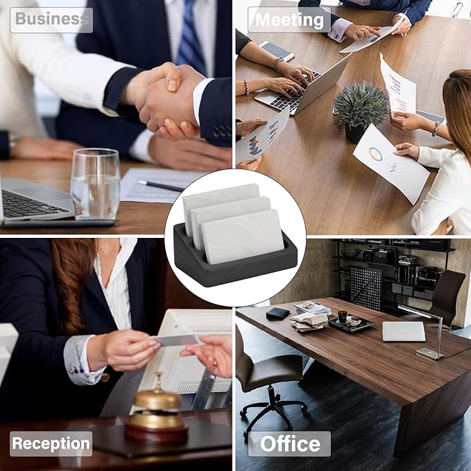 FREELOVE Desktop Card Holder, Concrete, Handmade, 3 Stair 3 Slots, Fits 30-50 Business Cards, Stone Weighted, Smooth Finish, Eva Base, Office Desk Organizer (Black, Small)