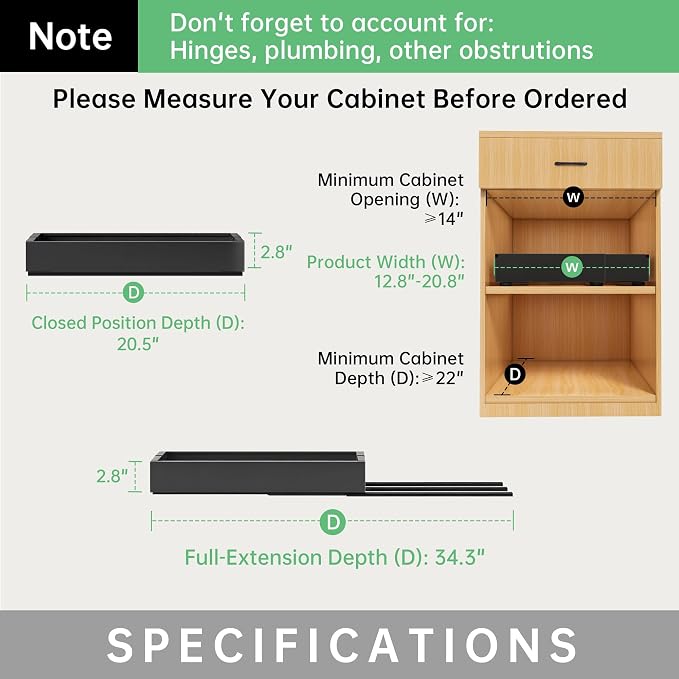 Pull out Cabinet Organizer, 2 pack, 20.5" Deep Heavy Slide out Drawers, Upgrade Three Triple-Slide Rail Systems, Expandable 12.8"-20.8" Roll out Shelf Storage for Kitchen Base Cabinet Organization