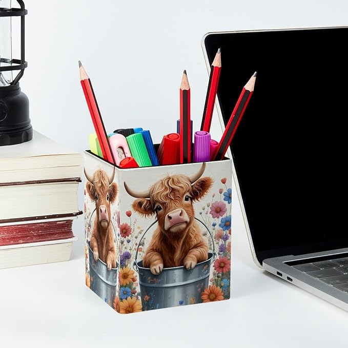 Pen Holder for Desk, Highland Cow Floral Pencil Holder, Pen Cup Functional Desk Organizer for Office Supplies