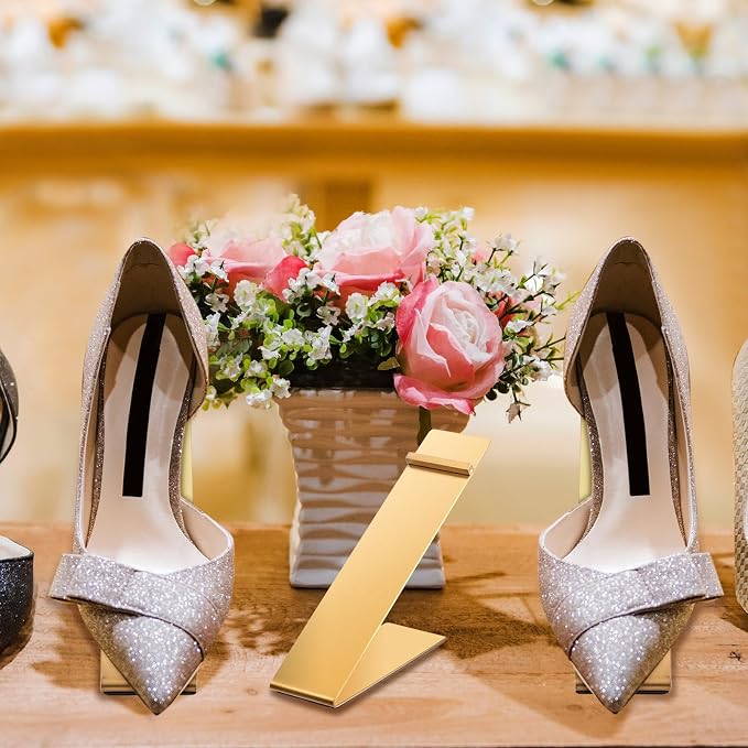 Therwen 4 Pcs Gold Shoe Display Stand Shoe Rack Stainless Steel Golden Metal Riser High Heel Display Rack Holder for Home Shopping Malls (Shape V,Golden)