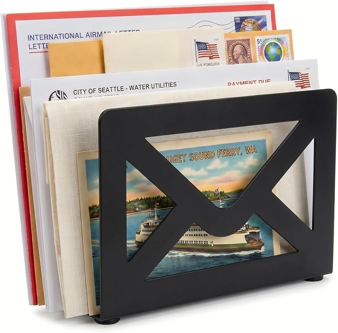 MyGift Black Metal Desktop Mail Holder with Cutout Envelope Design Home and Office Desk Letter Organizer