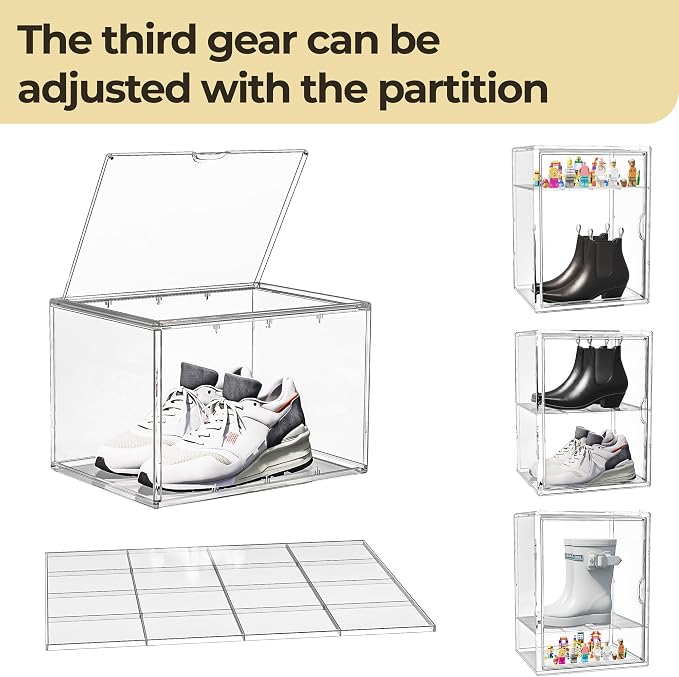 15.75''x11.81''x9.84'' XX-Large Clear Shoe Storage Boxes with Divider, Stackable Plastic Boot Boxes with Magnetic Door, Acrylic display case Box with Lids for Sneaker Purses Handbags Books (1)