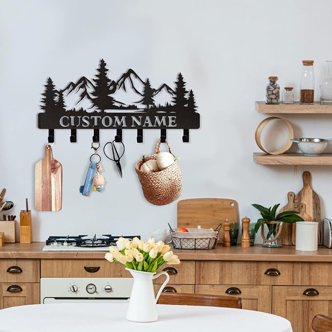 Dyoart Personalized Custom Mountain Theme Key Holder with Name, Metal Wall Mount, Coat Rack, Key Hooks, Home Decor Gift