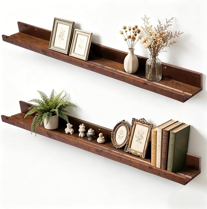 Muzilife 45.3" Large Floating Wall Ledge Shelves with Lip - Set of 2 Rustic Wood Floating Shelves - Walnut Brown Wall Mounted Picture Ledge for Office, Bathroom, Bedroom, Living Room, Kitchen