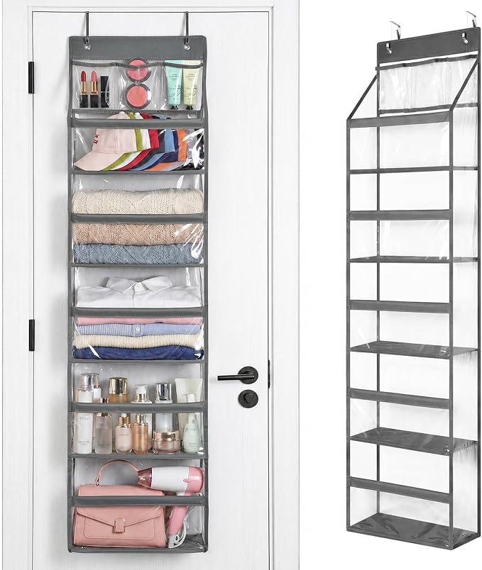 Yecaye 6 Tier Clear Over the Door Organizer, 5 Large PVC Pockets Door Hanger Organizer, 44lbs Capacity Closet Storage for Clothes Stuffed Animals and Cosmetics, Bathroom Bedroom Nursery Dorm RV, Grey