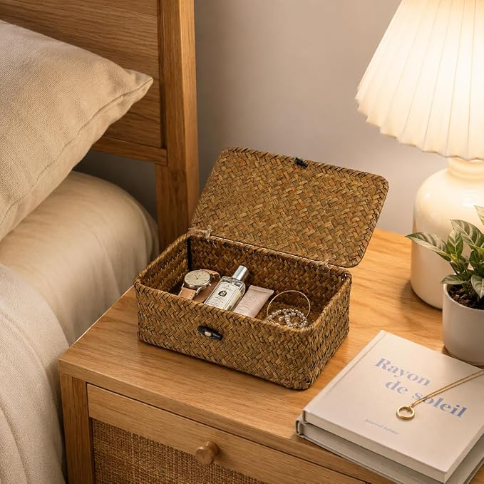 Wicker Basket with Lid, Natural Seagrass Storage Baskets for Organizing, Woven Basket for Storage, Decorative Boxes Bins with Lids Home Organizer Decor (Black, 9.05" x 5.11" x 3.34")