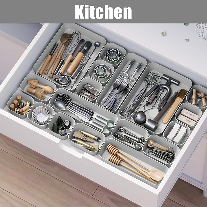 Drawer Organizers Bins 18 PCS for Bathroom Makeup Desk Office | with Non-slip Pads, 4 Sizes, Plastic Tray, Vanity Organizer, Kitchen Utensils Organizer