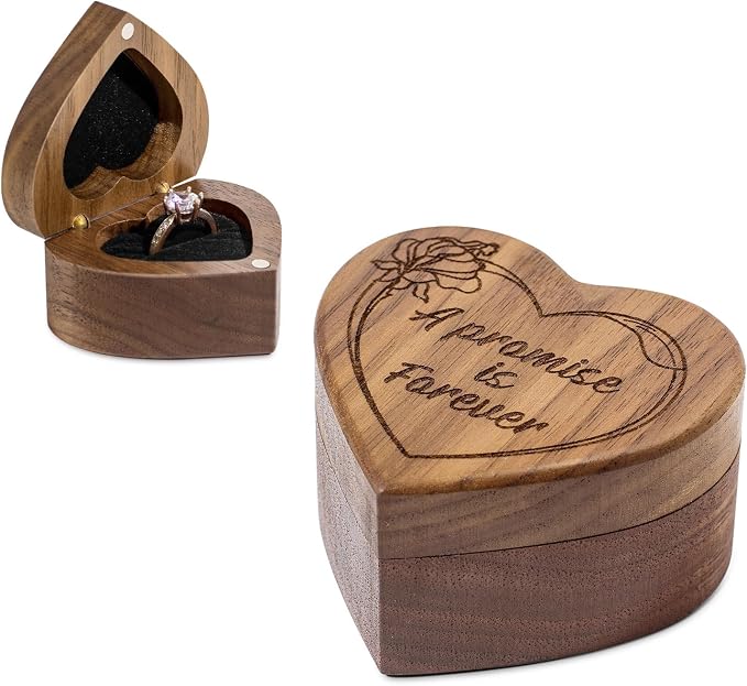 Engagement Proposal Ring Box Secret Slim Engraved Wooden Heart Case | Engrave"A Promise is Forever", Walnut Wood Ring Bearer Box Jewelry Storage Holder Display for Wedding Ceremony Commemoration