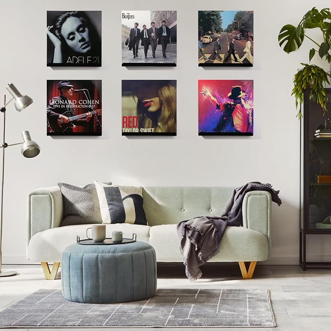 Meaocer Vinyl Record Shelf Wall Mount, 6 Pack 12 inch Black Acrylic Album Record Holder Display, Kids Bookshelf, Floating Wall Shelves for Bathroom, Bedroom, Living Room, Kitchen, Office