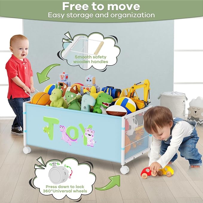 Large Toy Box with Wheels, 120L Toy Boxes for Extra Large Metal & Oxford Cloth Toy Chest Toy Organizer with Wooden Handle for Bedroom, Living Room Area, Stuffed Toys, Clothes(Blue, 1PC)