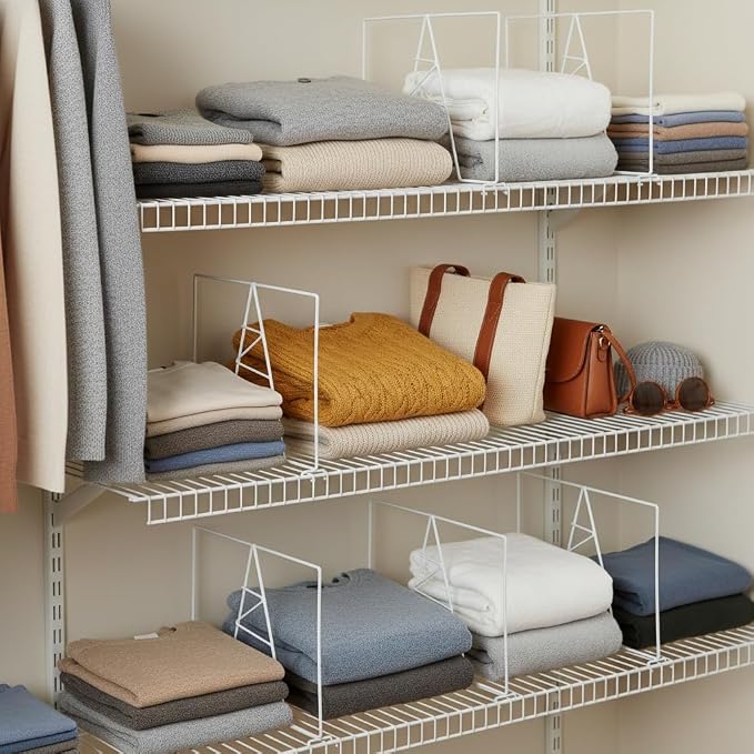 Wire Shelf Dividers - White Closet Organization & Storage Organizer - No Tool Shelf Divider for Wire Shelves - Metal Shelf Accessories – for 16“ Deep Wire Shelves – Tall 12” Height – 8 Pack