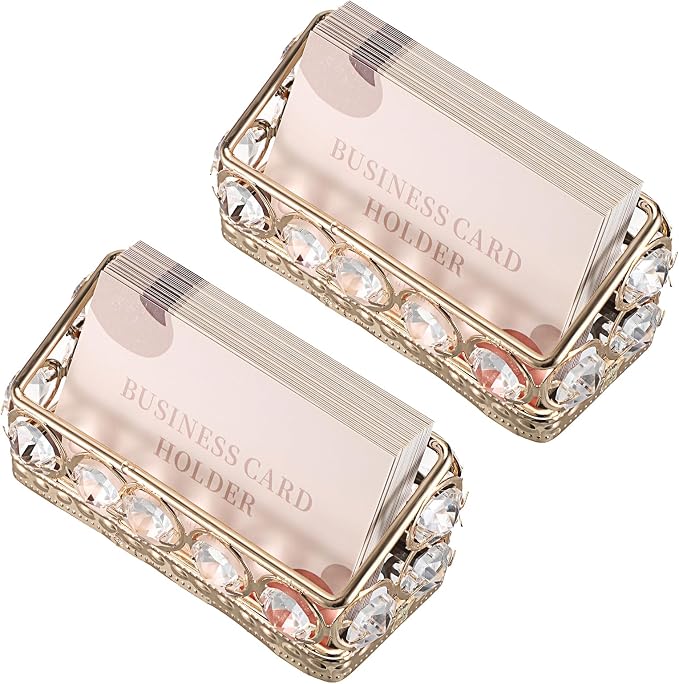 Hipiwe 2 Packs Crystal Business Card Holder with Gold Metal for Office Desk | Bling Business Card Display Stand for Women, Name Cards Storage Organizer with Mirror Base