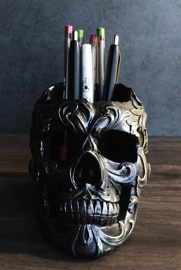 Ebros Gift Tribal Tattoo Floral Skull Pen Holder Figurine 5.75" L Office Desktop Ossuary Skulls Decor Cranium Skeleton Head Stationery Holder As Halloween Macabre Graveyard Spooky Decorative Statue