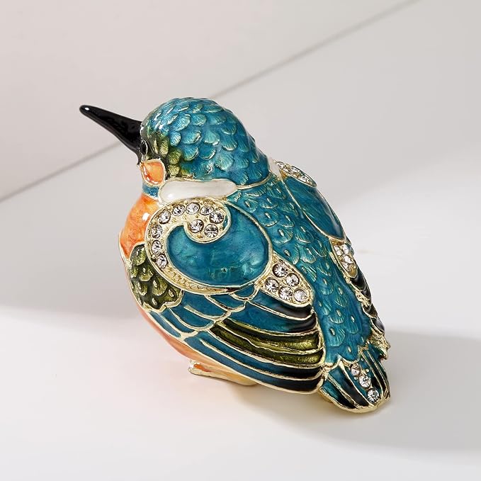 Hand Painted Enamel Kingfisher Trinket Box for Home Decor, Hinged Jewelry Organizer for Ring Earrings, Unique Figurine Keepsake Collectible Personalized Handmade Ornament Gifts (Blue Kingfisher)